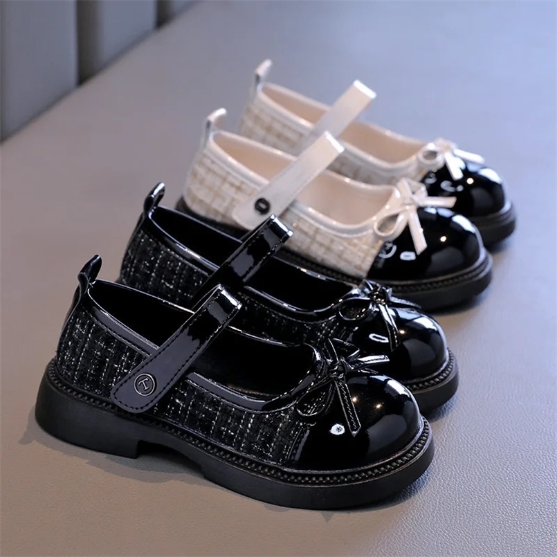 Girls Patchwork Black Leather Shoes Autumn Butterfly-knot Lolita Children Mary Janes Elegant Round Toe Comfort Kids Shoes H07164 250219
