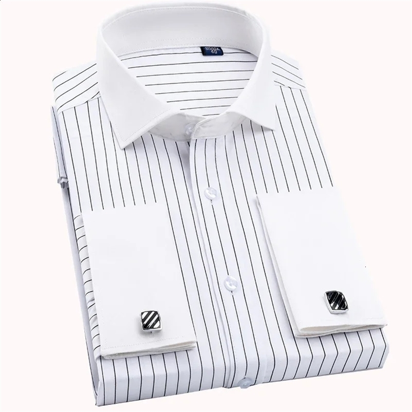 Mens long sleeved slim fit striped business suit Windsor collar French cufflinks mens shirt 241007