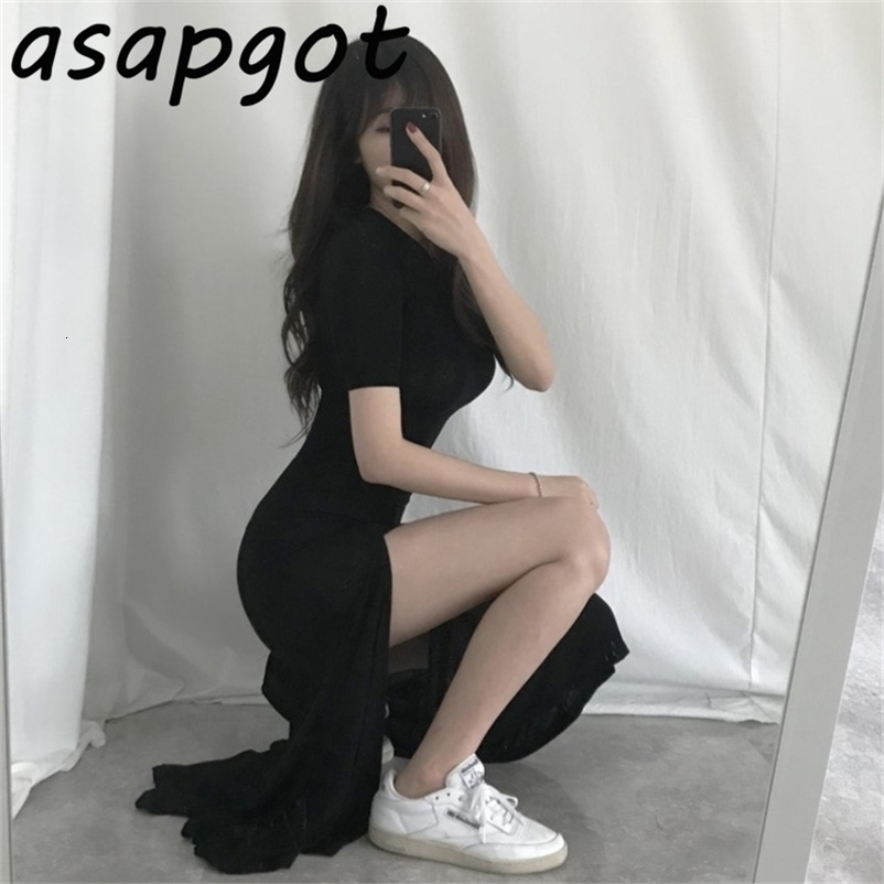 Casual High Elastic Plus Size O Neck Modal Cotton Black Side Split Mermaid Dress Women Short Sleeve Grey Wild Vestido 210630