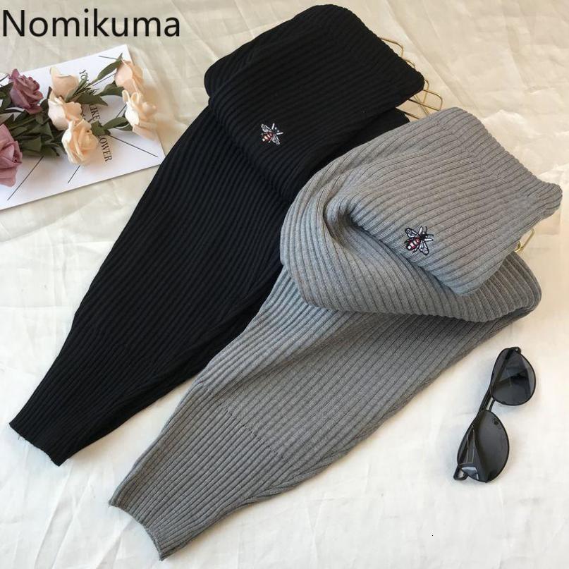 Nomikuma Causal Knitted Ankle Pants Korean Cartoon Embroidery Women Trousers Autumn Winter High Waist Sweater Pants 6C722 210427