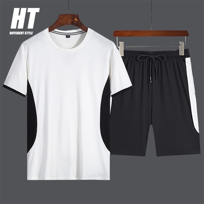 Men Summer Casual Set Fashion Patchwork Sportswear Suit Short Sleeved Tshirt+Shorts Hip Hop Street Jogging Male Tracksuit 2 PCS 210603