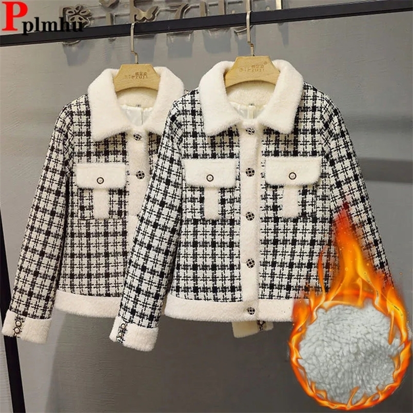 Winter Fleece Lined Woolen Jackets Coats Elegant Plaid Short Chaquetas Slim Warm Jaqueta Tops Korea Women Vintage Cropped Casaco 241220
