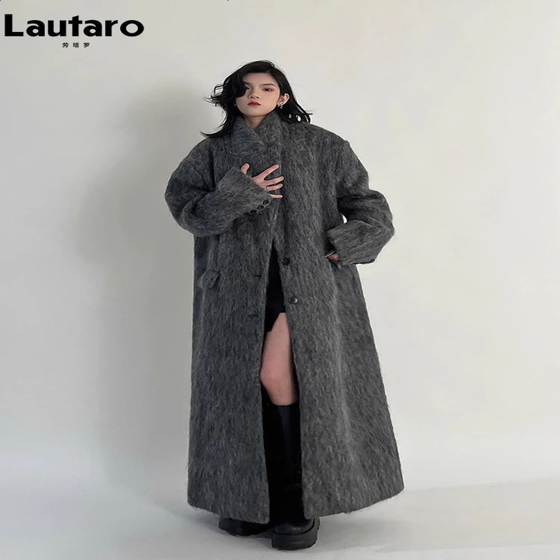 Lautaro Autumn and Winter Clothing Womens Ultra Long Casual Warm Grey Wool Blended Coat Maxi Fluffy 240826