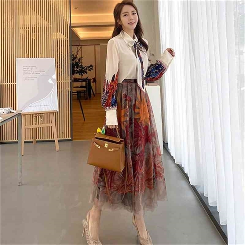 Summer Elegant Pink 2 Piece Set Women Sweet Bowknot Lantern sleeve Top Cotton Shirt + Mesh Floral Tulle Long Skirts Suits 210529