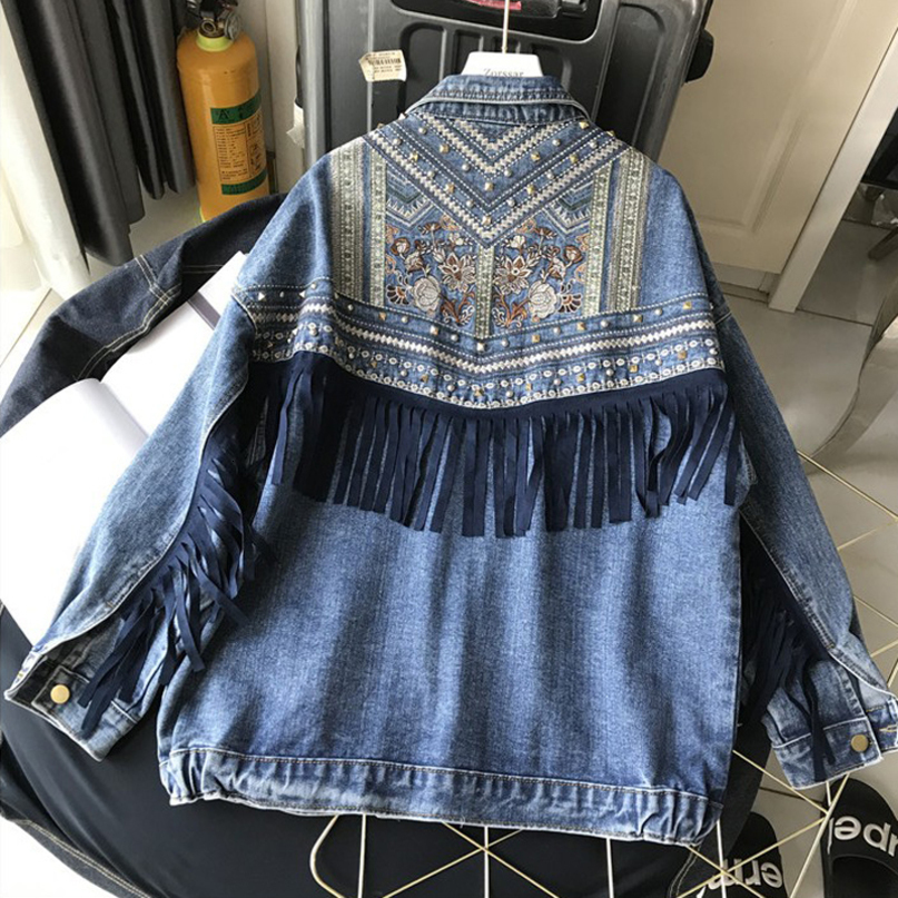 Seiwnibu Punk Boho Tassel Embroidery Denim Jacket Women Blue Loose Rivet Pocket Oversize Moto Biker Female Spring Jean Jacket 201106