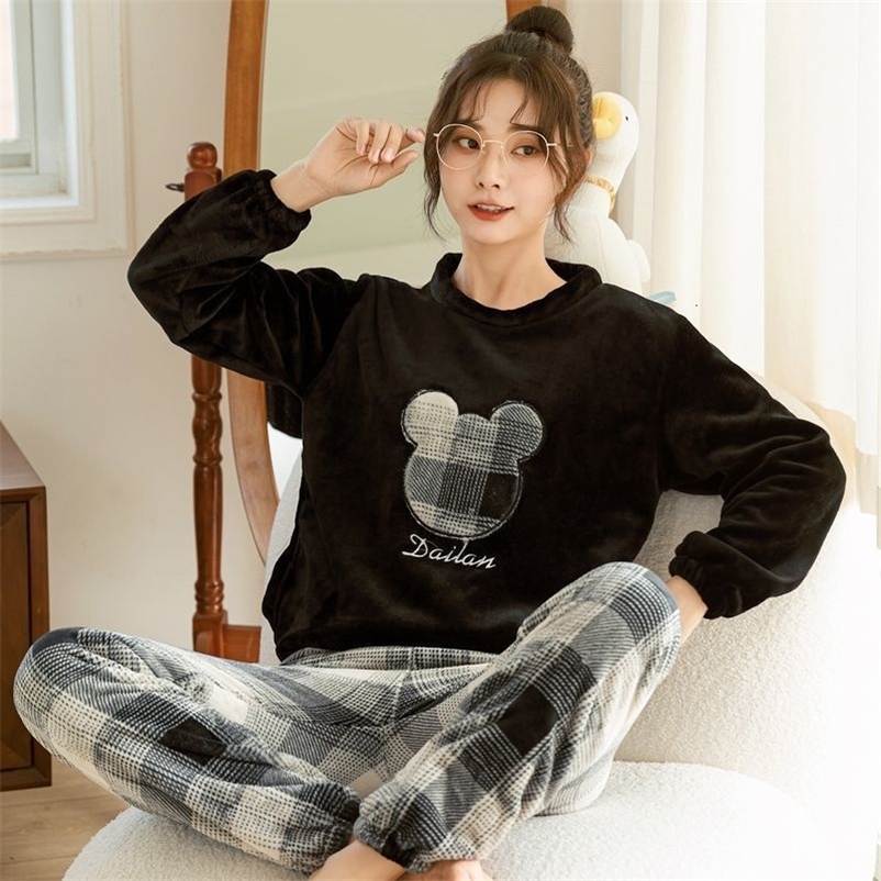 Women's Sleepwear Winter Pajamas Set Casual Cartoon Full Sleepwear For Women Warm Thick Pyjama Women's Flannel Fashion Homewear Clothes Plus