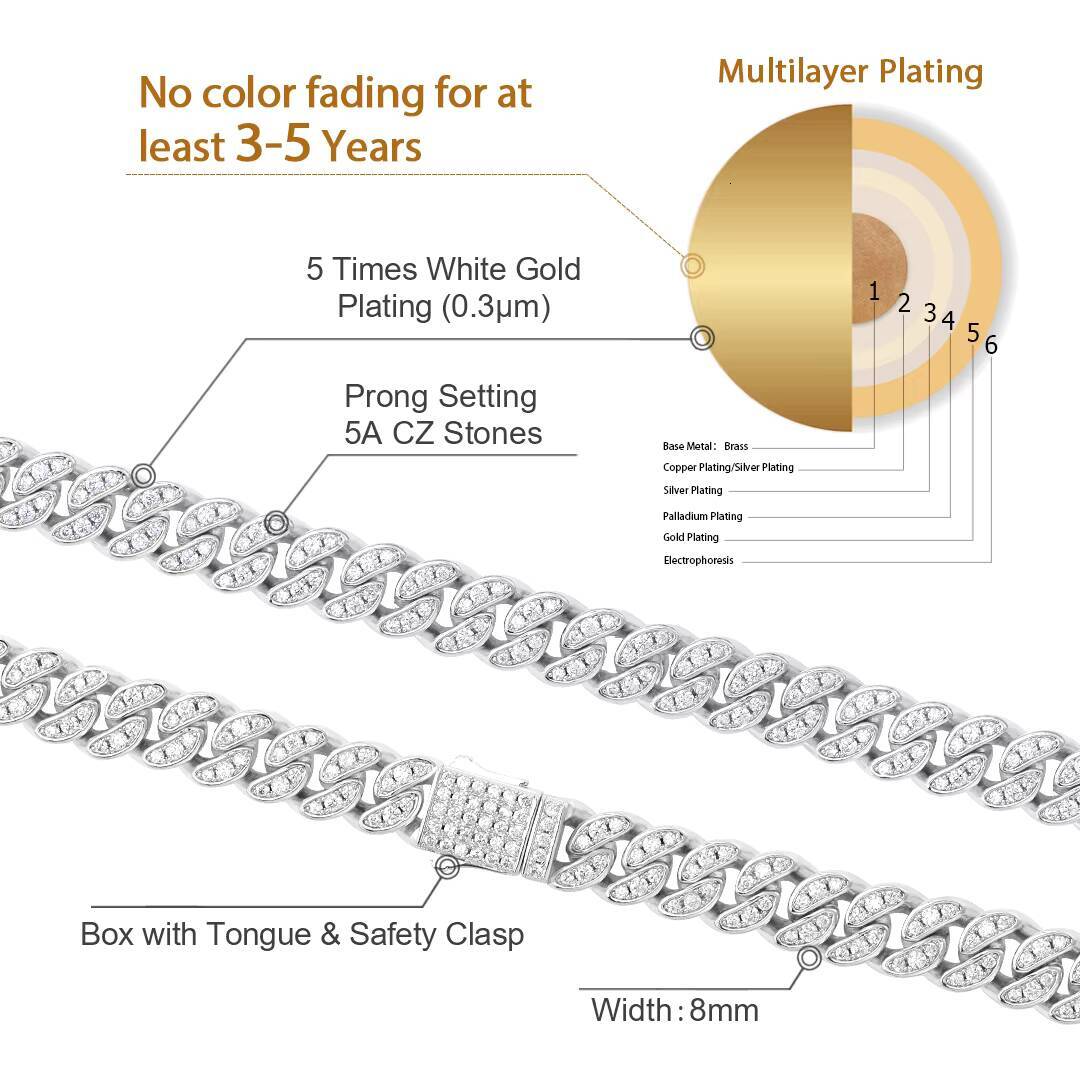 Luxury Full Iced Out Cuban Link Chain 8mm Silver 14K White Gold Plated 5A CZ Diamond Men Women RapperJewelry Hip Hop Necklace