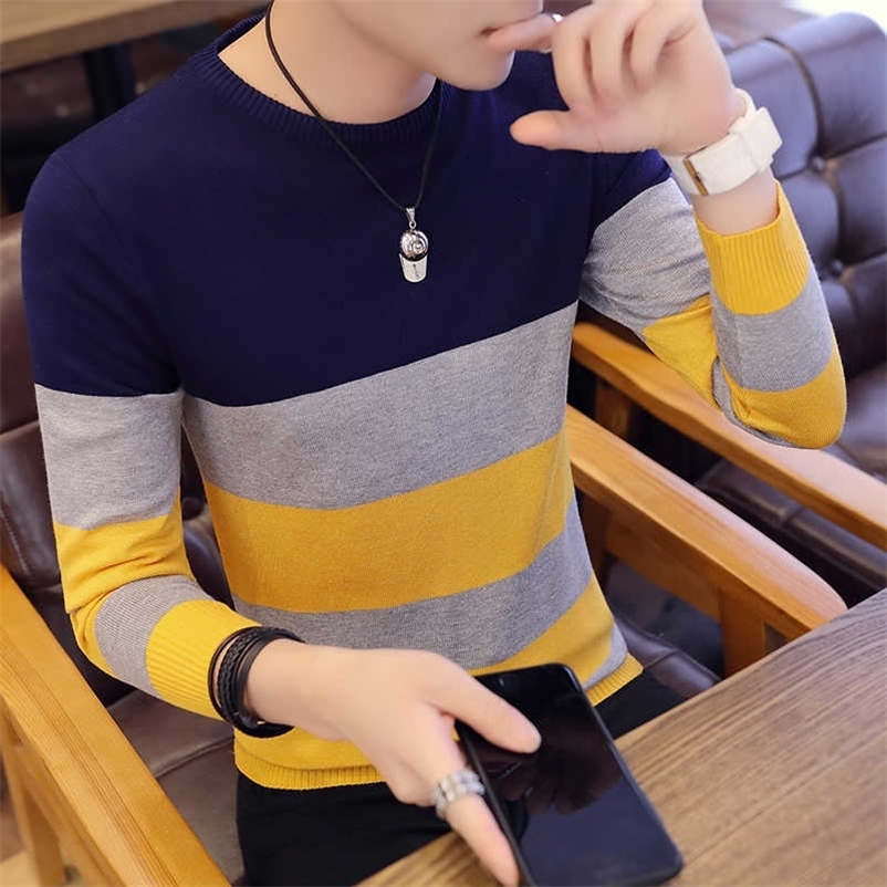 Casual Men Sweater Color Block Patchwork O Neck Long Sleeve Knitted Sweaters Top Blouse For Warm Men's Clothing Striped C251 210929