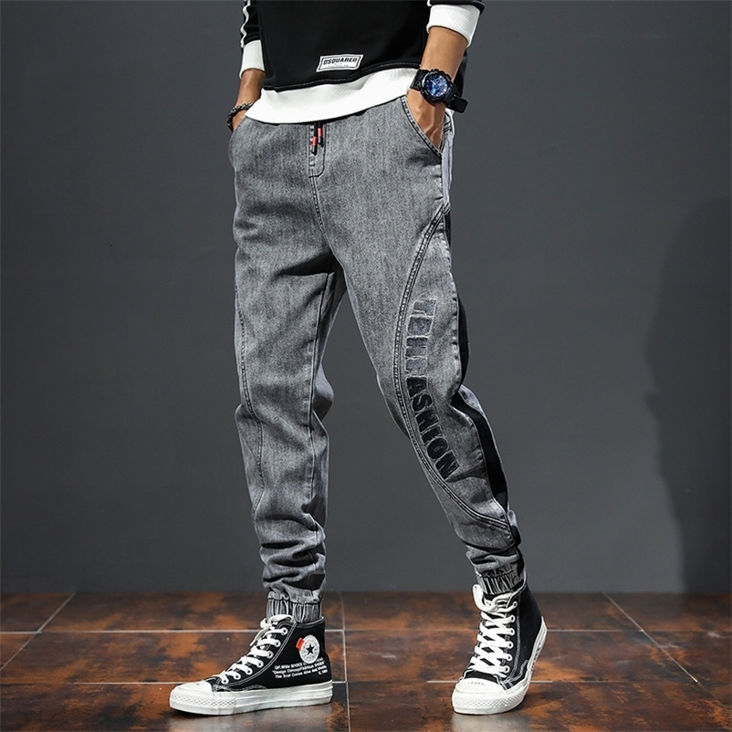 Men's Jeans Mens Jeans Spring Grey Denim Pants Joggers Stretch Baggy Washed Side Patchwork Elastic Wiast Men Jeans Homme 230316