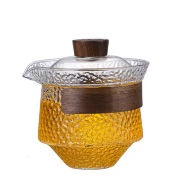 Japanese Glass Teacup with Lid & Wooden Saucer,Heat-Resistant Covered Tea Bowl,Traditional Gongfu Tea Set with Anti-Scald Holde