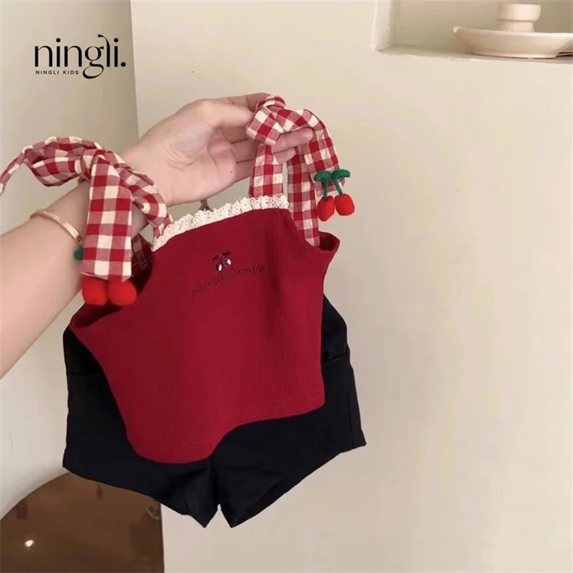 Girls Suits Vest Set Summer Children Suspenders Style Girl Sleeveless Top Shorts Style Summer Simple Casual Clothes 250314