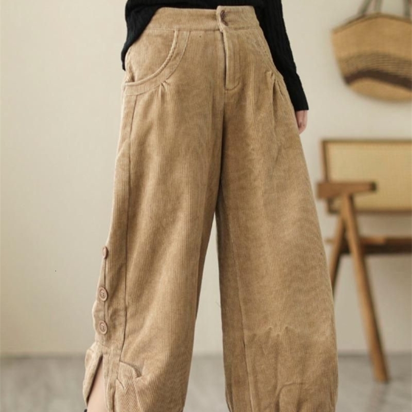 Women's Pants Capris Corduroy Women's Plus Velvet High Waist Autumn And Winter Bloomers Loose Thickening Elastic Waist Ankle-length Pants 23