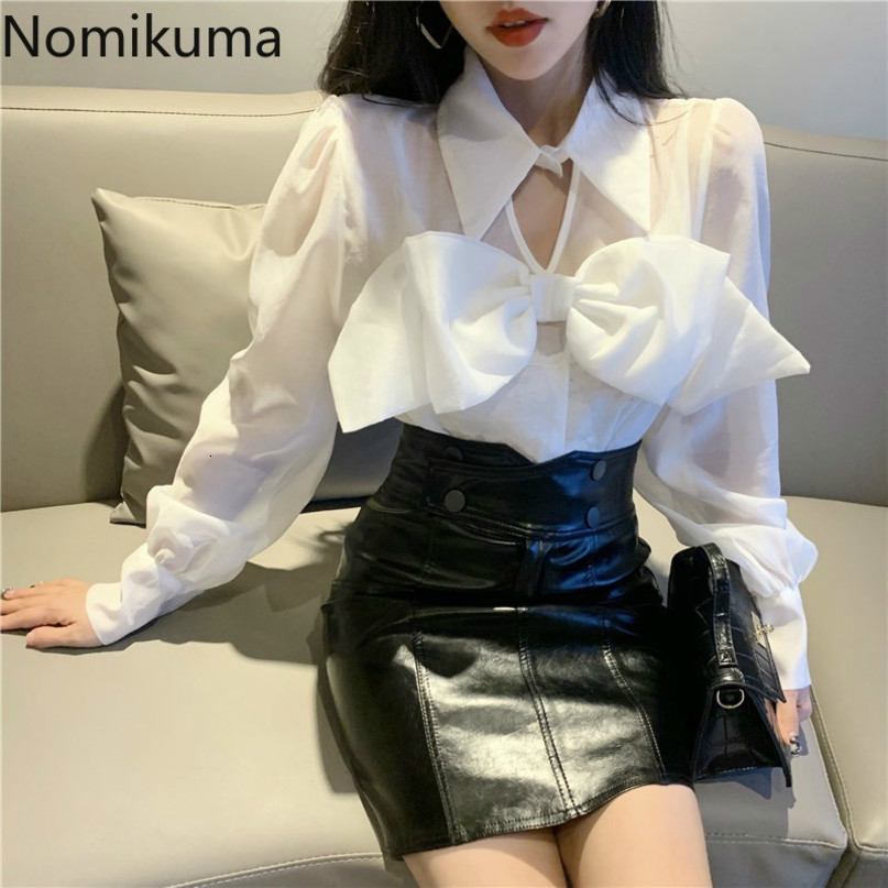 Nomikuma Korean Sweet Bowknot Blouse Shirt Causal Hollow-out Women Tops Spring New Lantern Sleeve Solid Blusas Mujer 6D986 210427