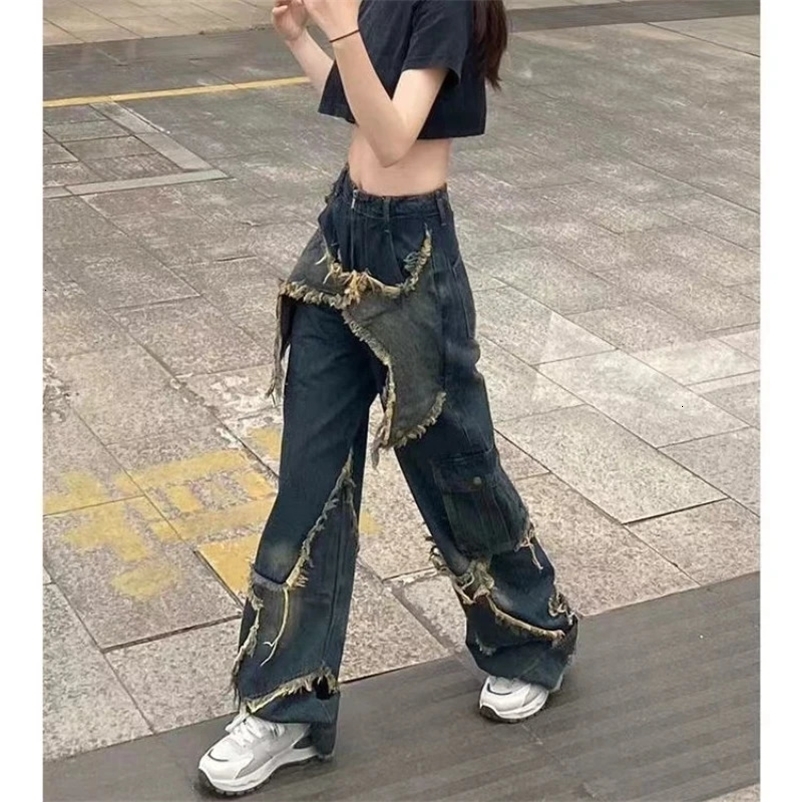 Star raw edge pattern Y2K jeans mens hip-hop pocket ultra-loose retro embroidered wide-leg pants Harajuku Gothic denim trousers 240716