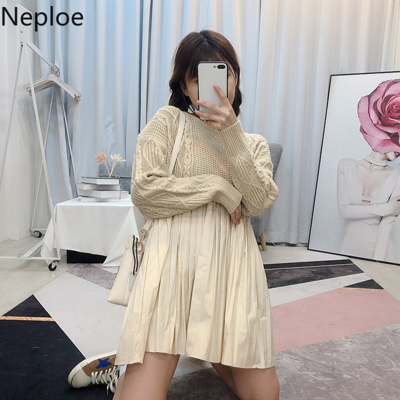 Neploe Chic Woman Dress Fashion Patchwork Knitted Pleated Vestidos O-neck Long Sleeve Loose Casual Robe Dresses Women 4G234 210422