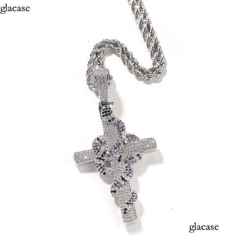 Hip Hop Colorful Snake Cross Pendant Necklace TopBling Full Cubic Zirconia Religious Jewelry