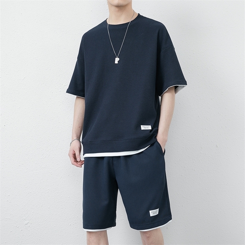 Men's Tracksuits Men's Sets Short Sleeve T-shirtsShorts 2 Pcs Suit Solid Color Sport Outfits Summer Thin Male Casual Loose Tracksuit 230422