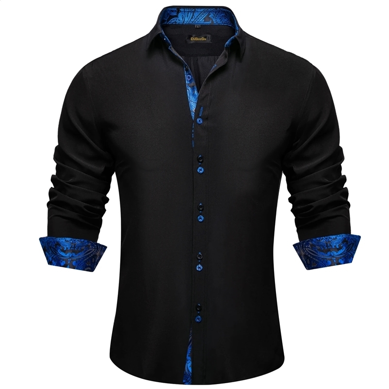 Mens polyester pure cotton black shirt long sleeved blue paisley patch work social casual dress elegant mens clothing 241007