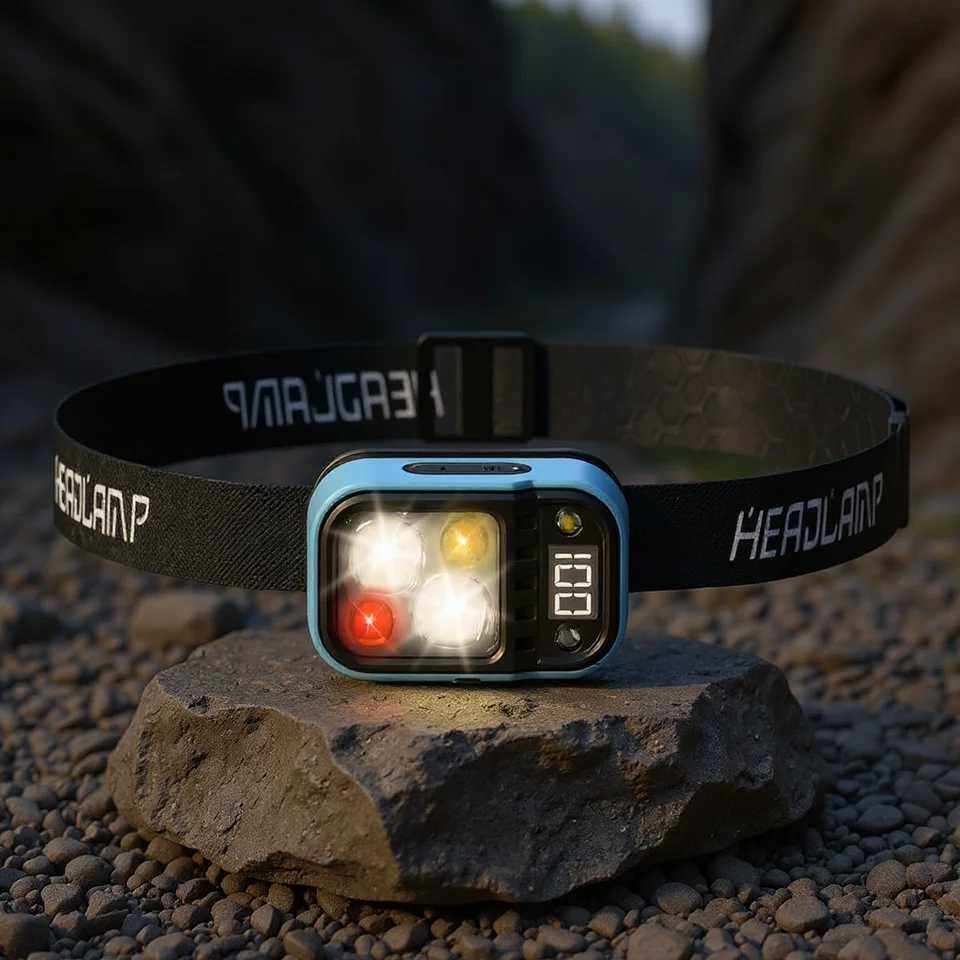 Adjustable Led Headlamp Torch With Power Display Sensor Control Cob Water Resistant Rechargeable High Power Emergency Flashlight J250925