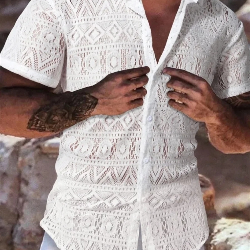 Summer fashion mens lace hollow shirt solid breathable casual short sleeved cardigan sexy see through mesh mens shirt 250118