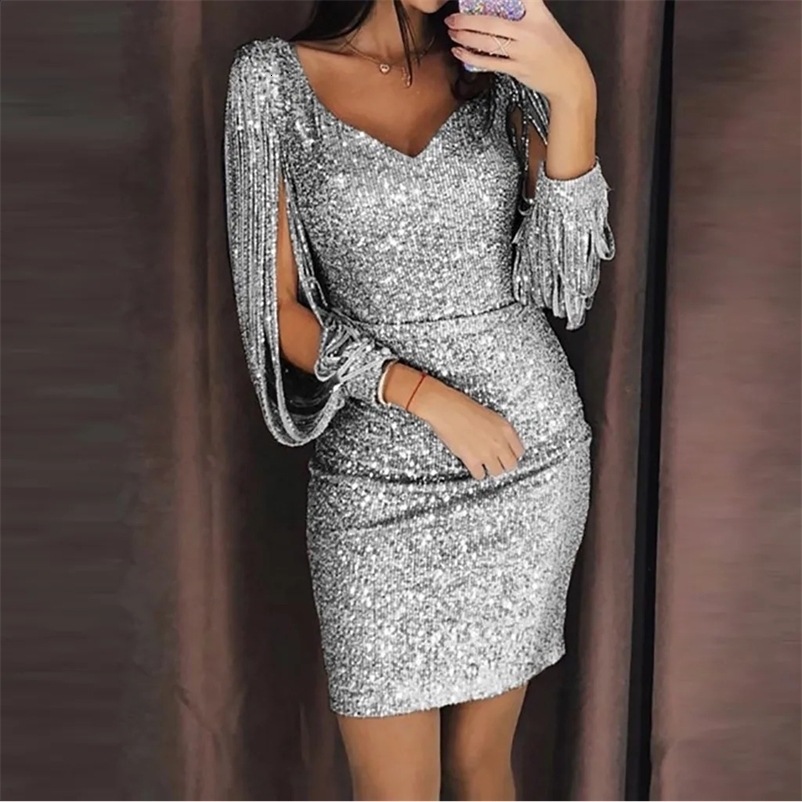 silver sequin tight fitting dress for women sexy tassel sleeves V-neck club mini dress elegant womens body pencil party vest 241231