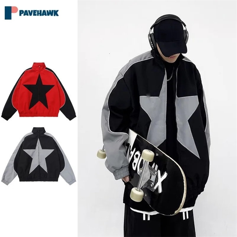 Vintage Bomber Jackets Men Woman Patchwork Star Pattern Loose Varsity Coats Y2k Harajuku Spring Hip Hop Baseball Uniform Outwear 240530