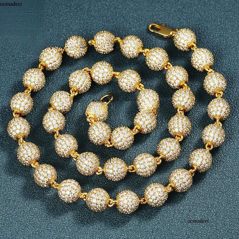 Bulk Wholesale Hip Hop Brass 10mm Dia Gold Plated Mrice Paved Moissanite Bead Necklace Women Men Jewelry f9