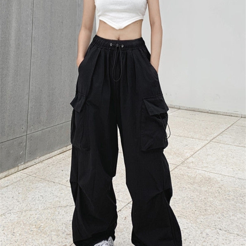 Women's Pants Capris HOUZHOU Harajuku Parachute Pants Y2K Streetwear Wide Leg Baggy Cargo Trousers Female Hippie Korean Edgy Style Jogging Sweatp