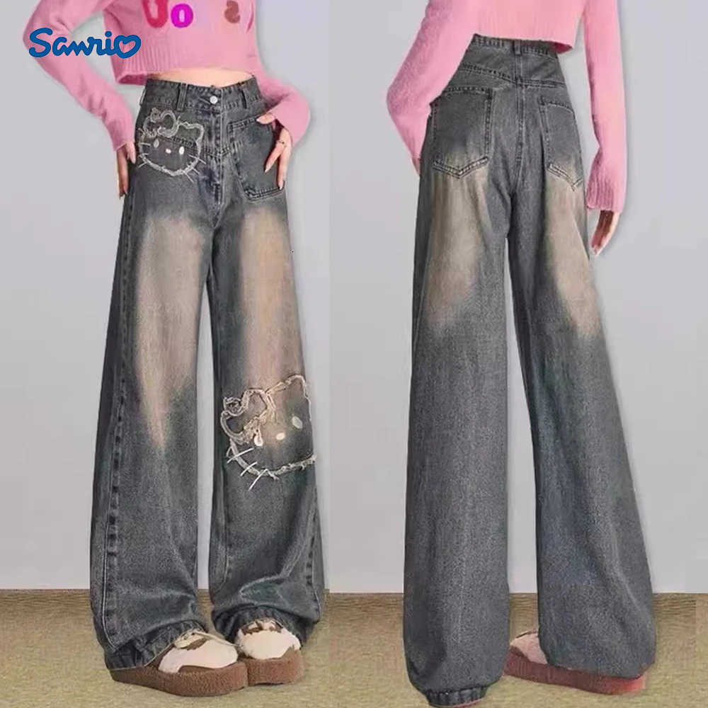 Sanrio Cartoon Women Jeans Hello Kitty Trousers Sanrioed Anime Cute Autumn Student High Waisted Embroidery Kawaii Girls Wide Leg Pant L250925