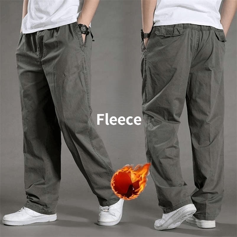 Men's Pants Men's Winter Warm Cargo Pants Casual Elastic Cotton Thick Fleece Pants Mens Straight Loose Business Thermal Trousers Jogger 6XL 