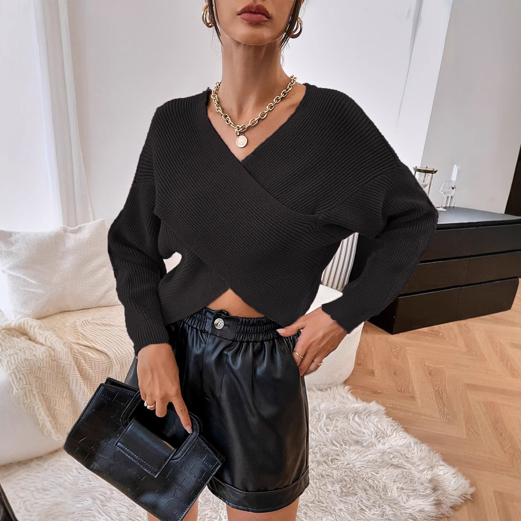Autumn Winter Women's Knitted Solid Color Cross-Over Crop Sexy Pullover V-Neck Sweater Coat