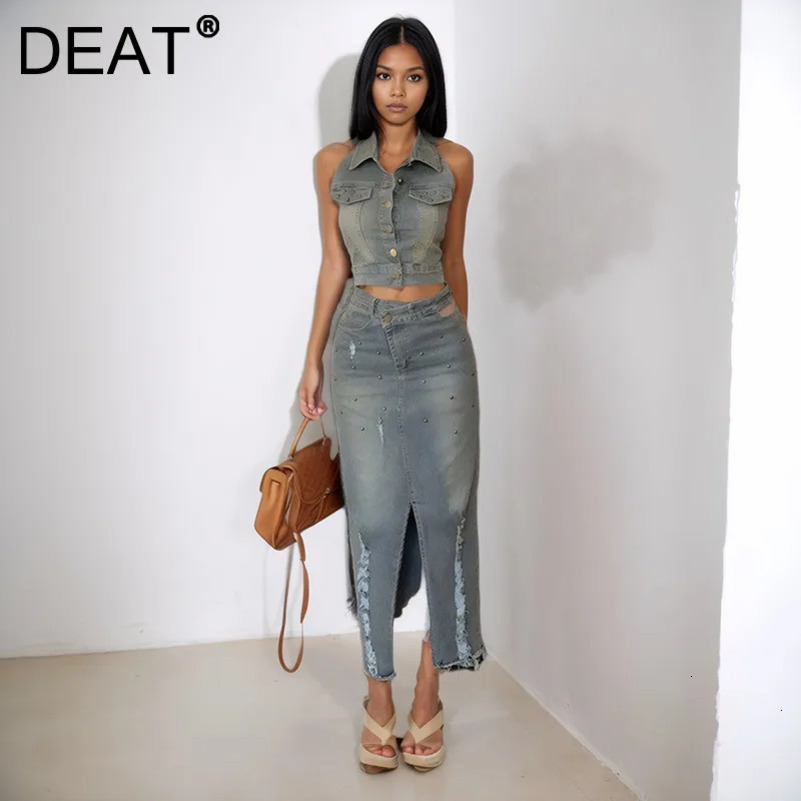 DEAT denim two-piece set womens suspender lapel vest fashionable wrap hip A-line high waist split short sleeved womens 33A3824 250402