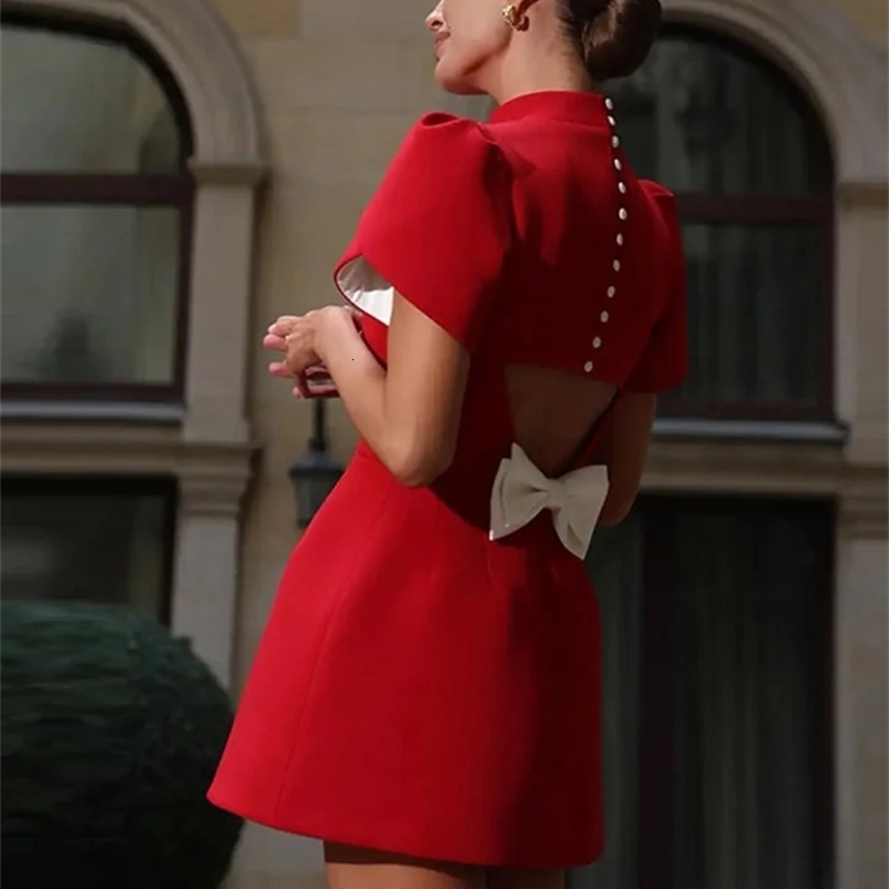 Elegant bow Halloween mini dress womens red O-neck short sleeved high waisted A-line dress womens 2025 fashion party evening dress 241231