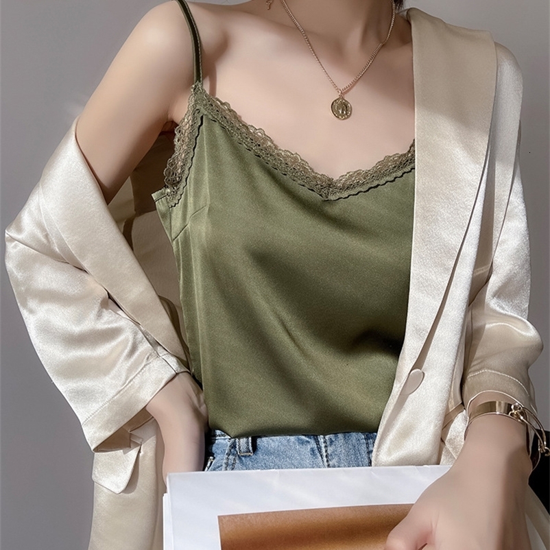 Camisoles Tanks Summer Satin Silk Women's Tank Tops Lace Sleeveless Camisole Halter Beautiful V Neck Green Basic Spaghetti Strap Top 230518