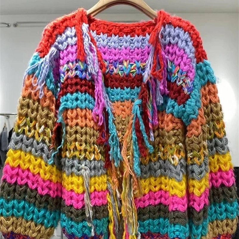Rainbow colored tassel front thick knitted cardigan winter womens handmade sweater niche knitted set 250118