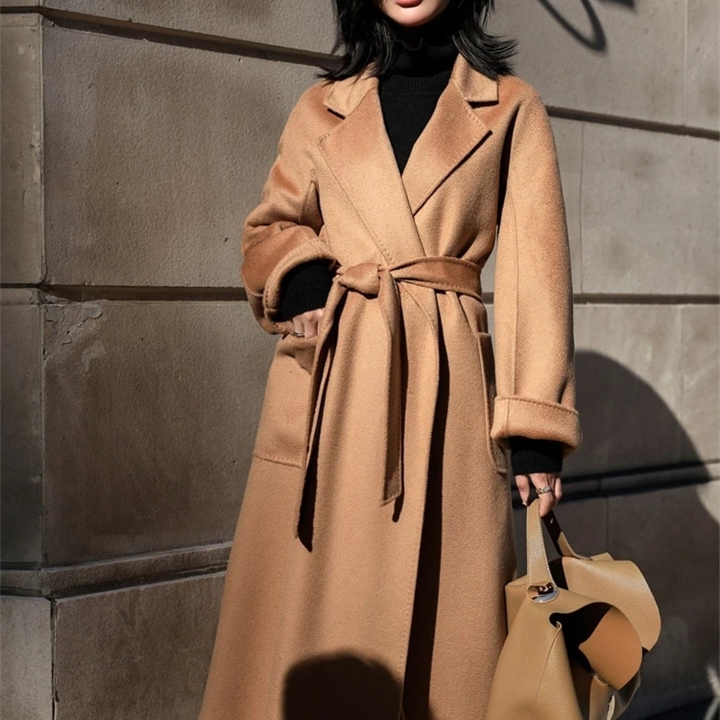 Women's Wool Blends Women Double-Sided 20% Cashmere Wool Coat Jacket Women Long Beautiful Woolen Winter Autumn Warm Fashion Water Ripple Cloak 23