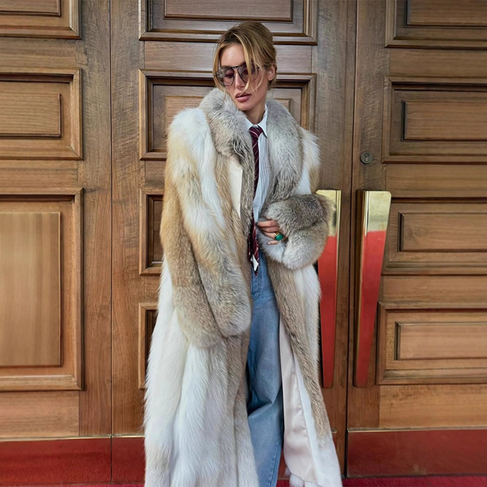 Elegant and Fashionable Gradient Mixed Color Long Fur Coat Autumn Winter Style 250924