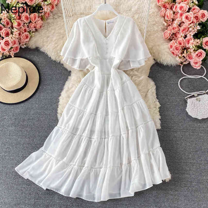 Neploe Sweet Dresses Summer Ladies Vestidos V Neck Hollow Out Ruffles Maxi Robe Elegant High-waist A-line Chiffon Dress 210422
