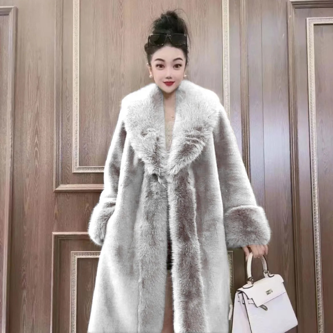 Faux Fur Coats Women Long Coat Thick Warm Turn Down Collar Open Stitch Spring Outerwear Jackets Elegant Splice Autumn Winter 250916Z