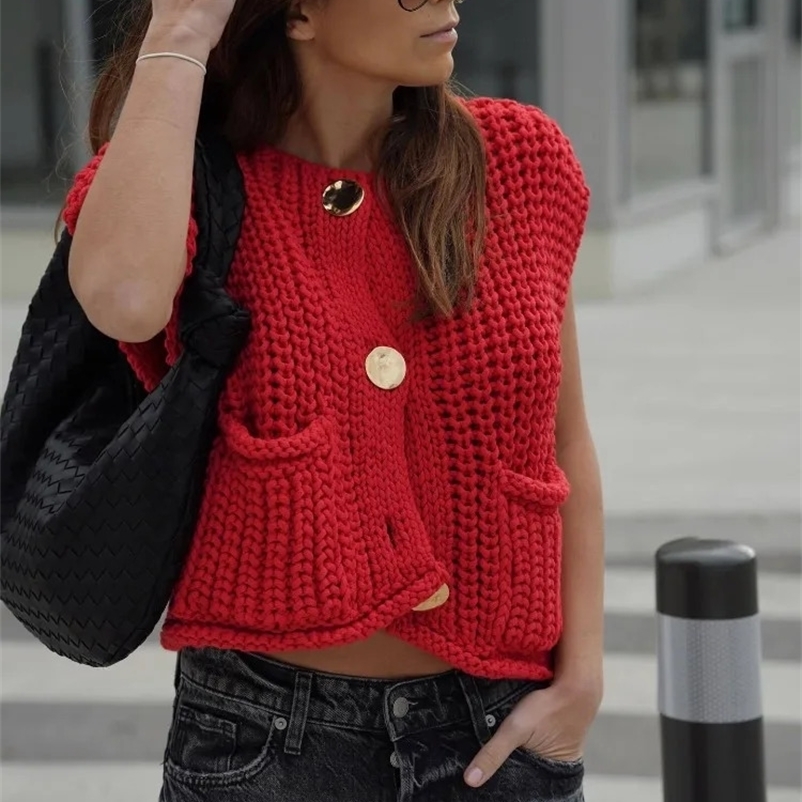 TRAF Spring Womens Knitted Vest Elegant Fashion Women Knit Vest Casual Red Sleeveless O-neck Metal Button Sweater 250226bj