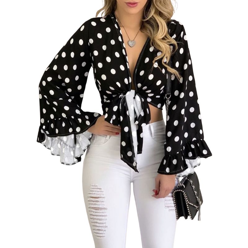 Women's Early Autumn Sweet Polka Dot Print Blouse, Ruffle Sleeve Tie - Front Casual Versatile Milk Silk Top-CF52701