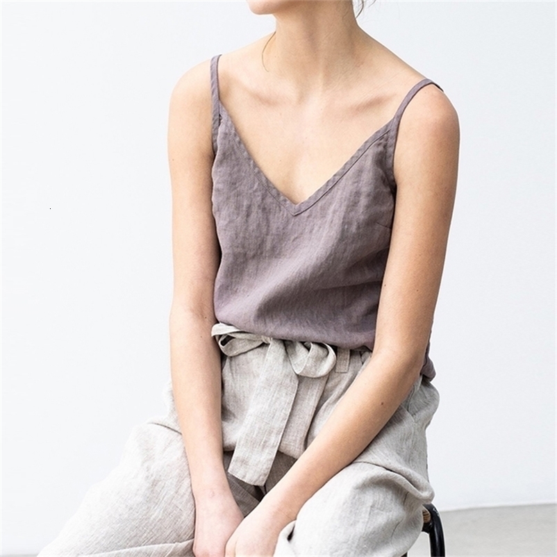 Johnature Linen Women Spaghetti Strap Vest Summer Vintage Loose All Match Simple 5 Colors Female Tops 210625
