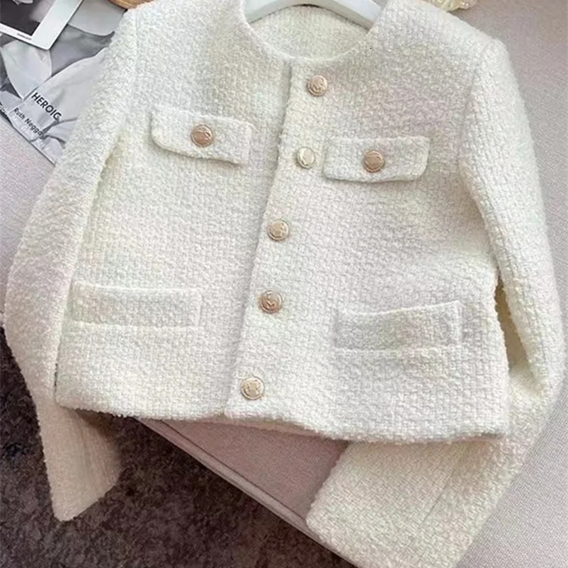 HMA Korean Chic Female Tweed Basic Jacket Coat Women Clothing Runway Style Woolen Outerwear 240911