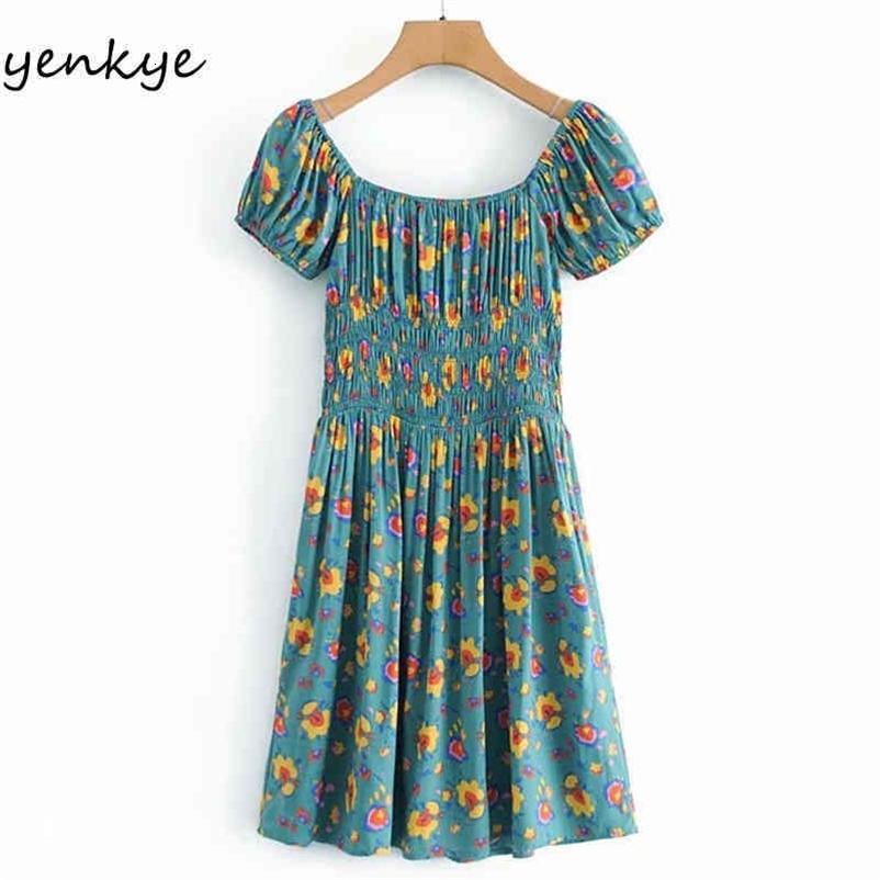 YENKYE Holiday Summer Dress Women Sexy Square Neck Short Sleeve Elastic Waist A-line Casual Dress Vintage Green Print Robe 210515