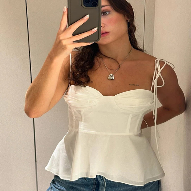 White shoulder strap Camisole womens sexy sleeveless pleated slim bra solid color streetwear Y2k womens top Camisole streetwear 250415