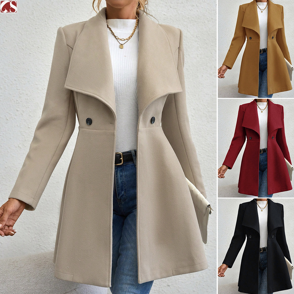 Autumn Winter Coat Slim Fit Long Fashion Turn-down Collar Women's Woolen Jacket