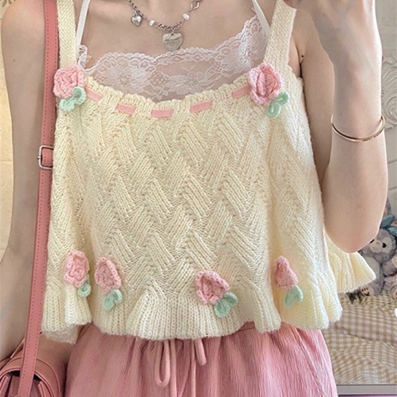 Camisoles Tanks Japanese Kawaii Chic Tank Top Women Sweet Flower Embroidery Cute Knitted Tanks Lady Preppy Style Casual Sweater Vest Summer 230327