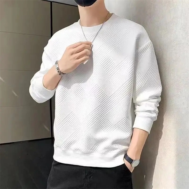 Mens Sweatshirt Solid O Neck Long Sleeve T Shirts Autumn Spring Texture Simple Black White Classic Mens Pullover Hoodie Tops 240530