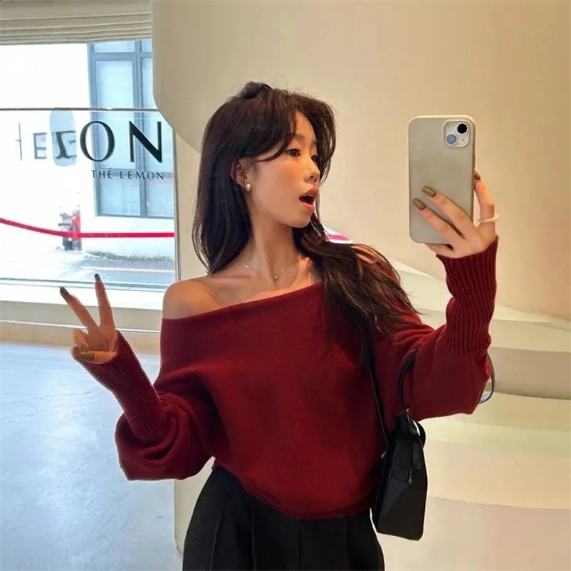 Sexy Off Shoulder Knitted Cropped Sweater Women Y2K Streetwear Solid Pullover Female Korean Chic Slash Neck Long Sleeve Jumper 250210