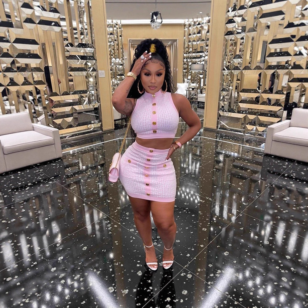 Fashion Women's Clothing Round Neck Sleeveless Waist-Exposing Short Skirt Geometric Pattern Wool Two-Piece Set